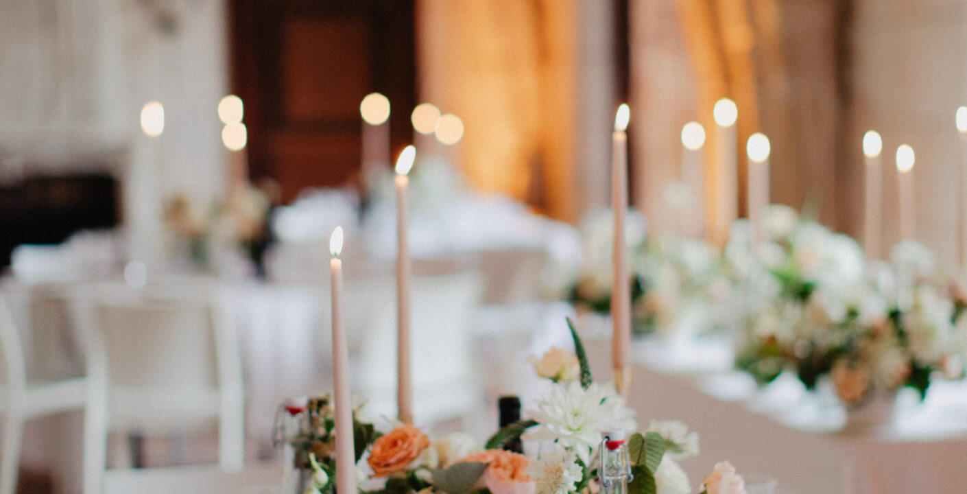 Wedding dinner table setting with candlelight