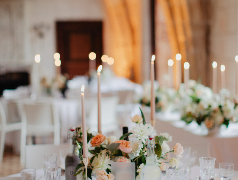 Wedding dinner table setting with candlelight