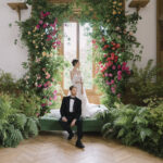 Bride and groom posing in an elegant French château salon framed by a lush floral installation of climbing roses, greenery, and ferns, creating a romantic garden-inspired wedding.